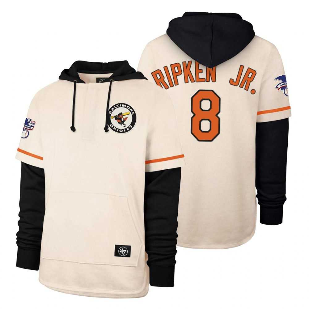 Men Baltimore Orioles 8 Ripken jr Cream 2021 Pullover Hoodie MLB Jersey